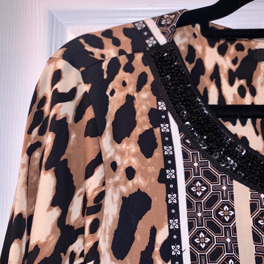 Alfani Leopard Print Blouse Beaded Neck Mixed Print Boho Top L - Picture 2 of 4